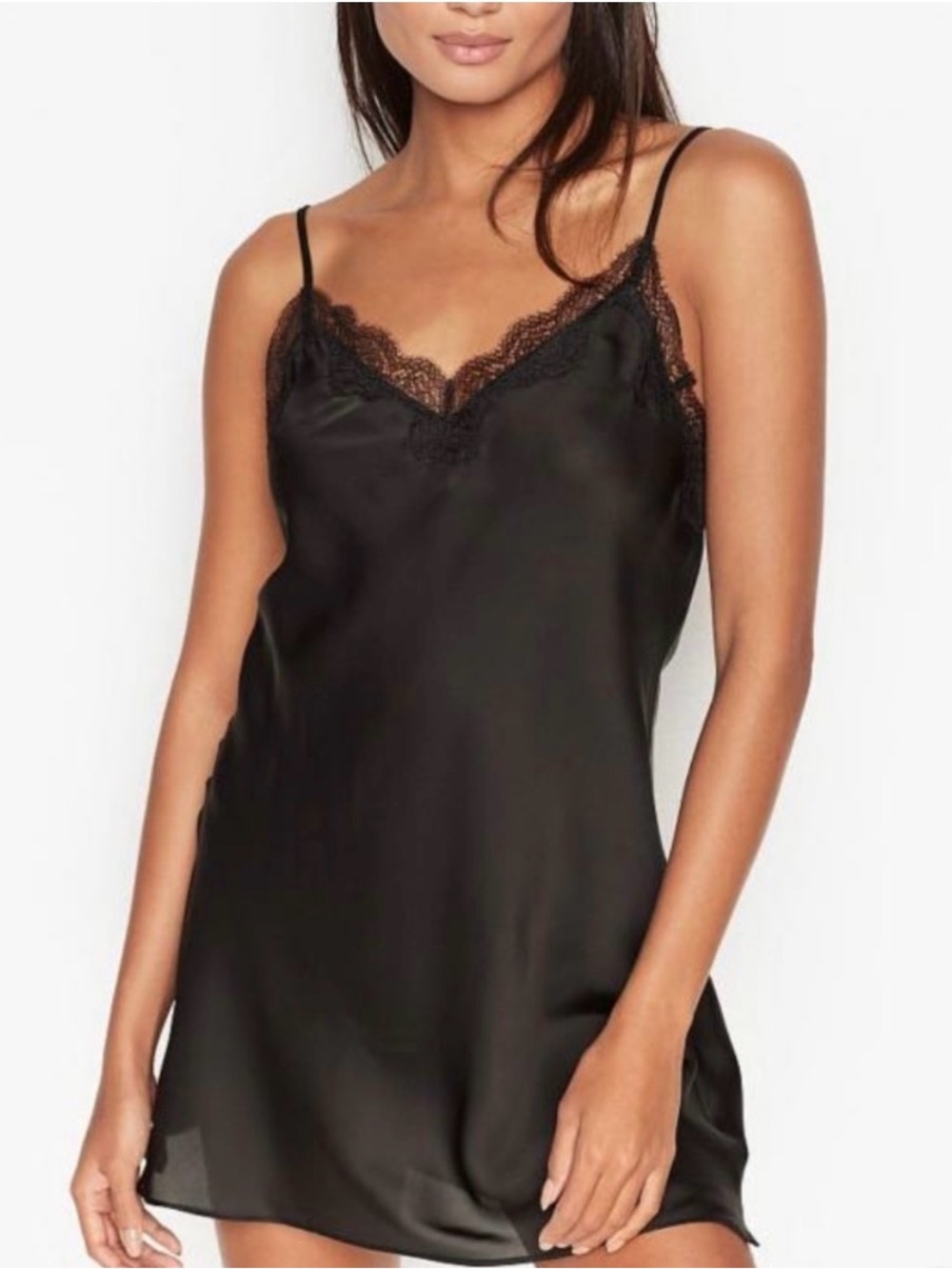 Victoria's Secret Y2K Black Satin Lace-Trim Slip Dress Chemise Sz M Lingerie